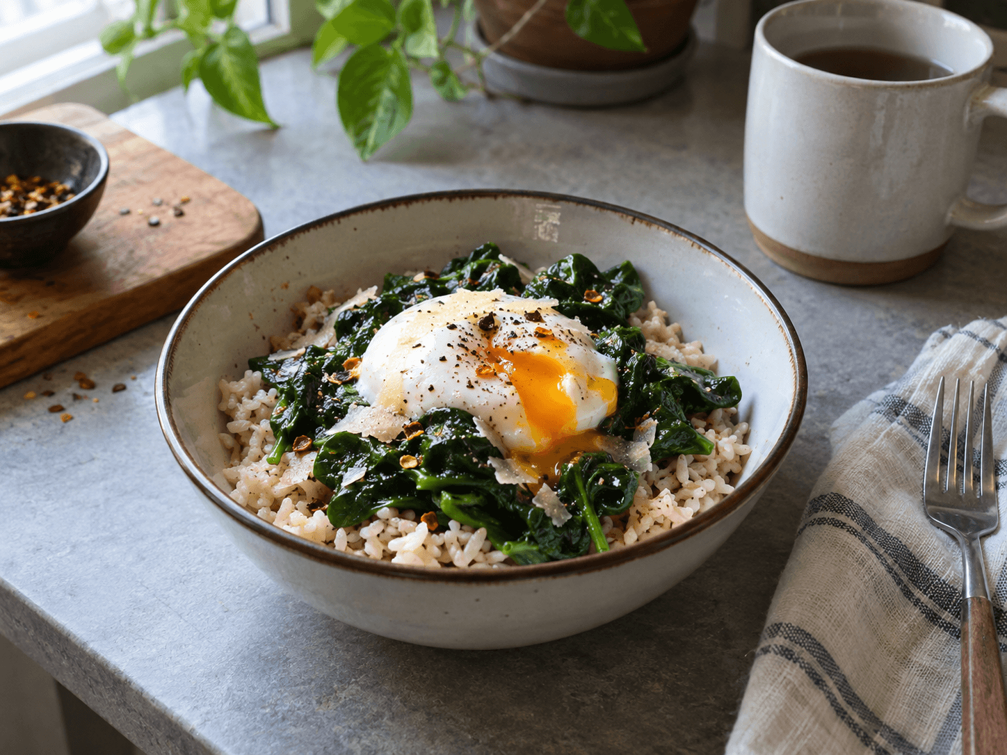 Microwave Egg & Spinach Rice Bowl