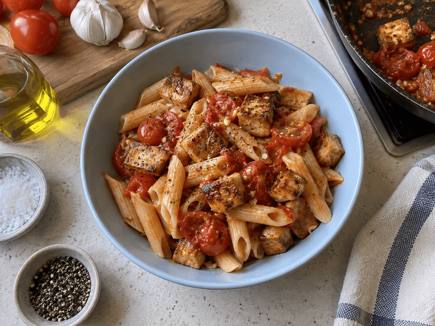 Crispy Tofu Tomato Pasta