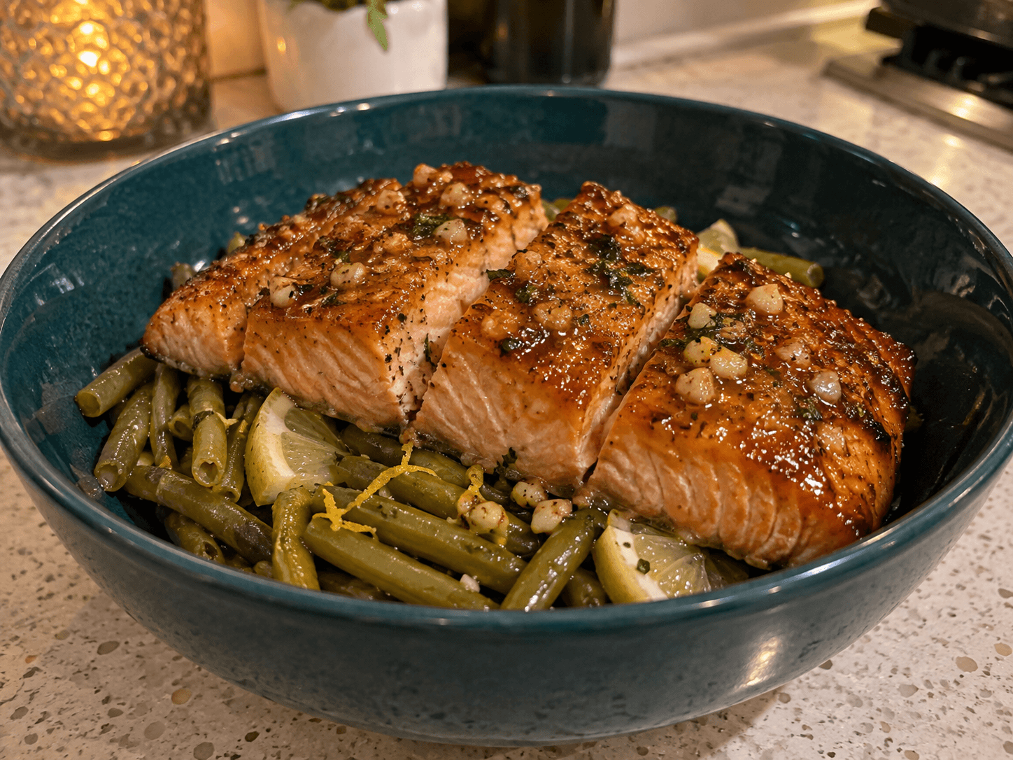 Garlic Butter Glazed Salmon with Lemon Green Beans