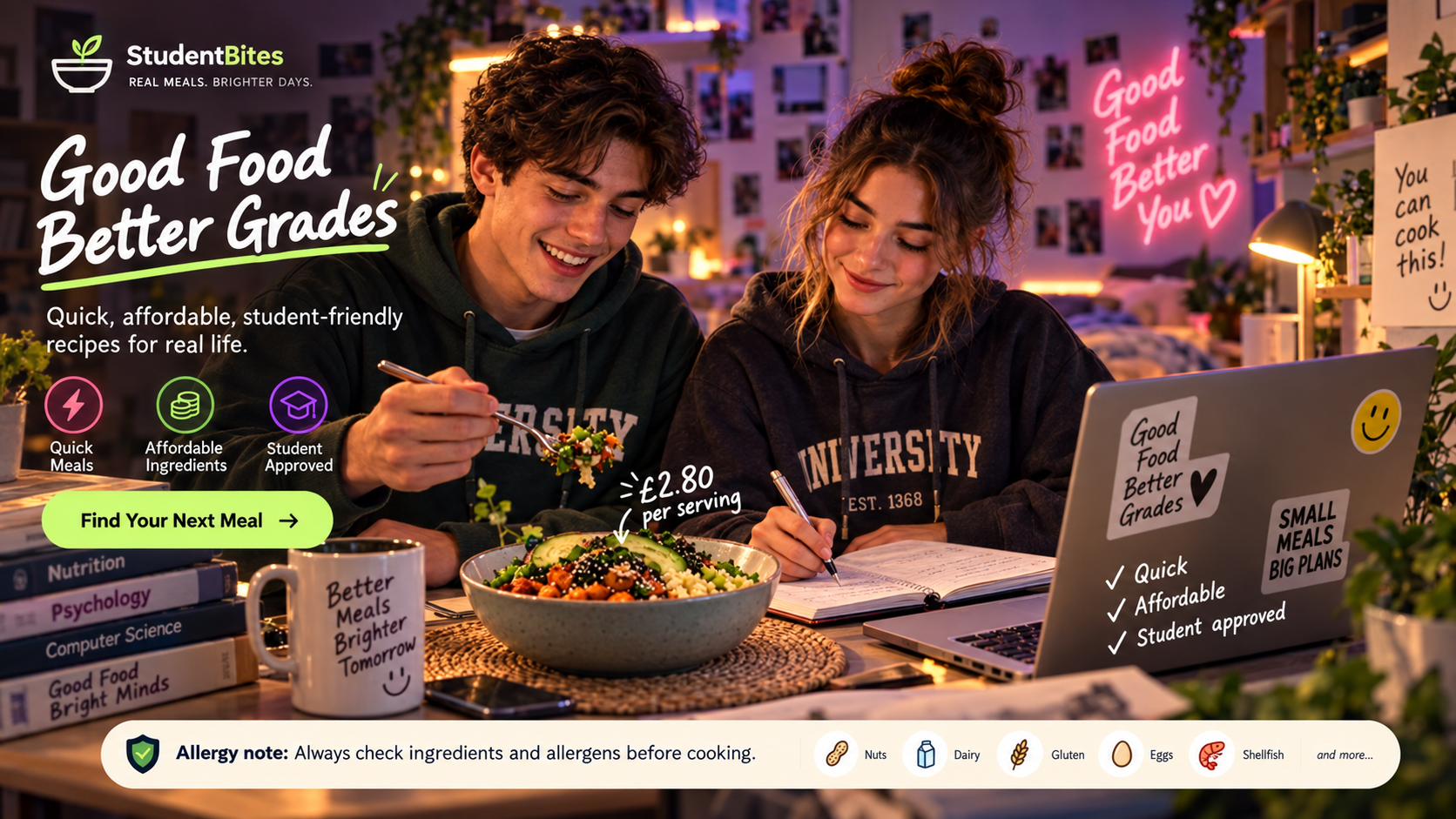 A university student eating a budget meal while studying at her desk in a warm dorm room
